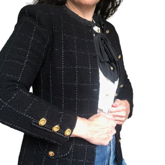 Vtg Military Academia Window Pane Textured Knit Black Gold Knit Blazer - Picture 2 of 16